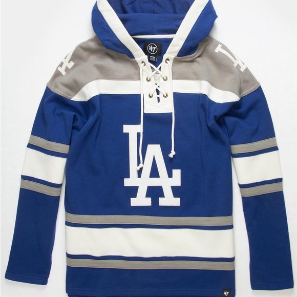 Vintage Retro 47 Brand LA Dodgers varsity baseball jersey jacket laced hoodie - Picture 7 of 8